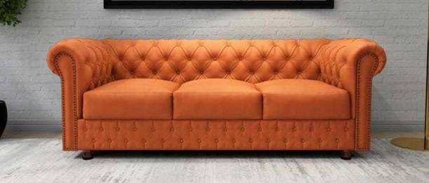 India wood mart Wooden Modern Sofa Tufted Couch with Deep Seat,Chesterfield 3 Seater Sofa Fabric Half-leather 3 Seater  Sofa