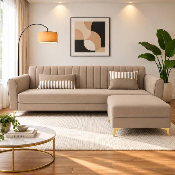 ADORN INDIA Adorn India Luster 4 Seater L Shape Sofa | Camel Velvet Suede | Golden Legs Fabric 4 Seater  Sofa