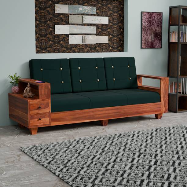 Klenta Home Decor Wooden 3 Seater Sofa with Side Storage | Solid Wood Sofa for Living Room Fabric 3 Seater  Sofa