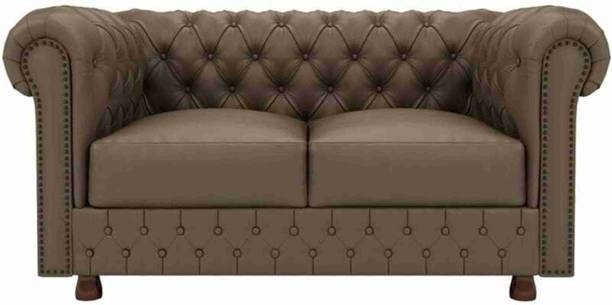 India wood mart Wooden Modern Chesterfield Sofa with Deep Seat and Brown Tufted Mattress Half-leather 2 Seater  Sofa