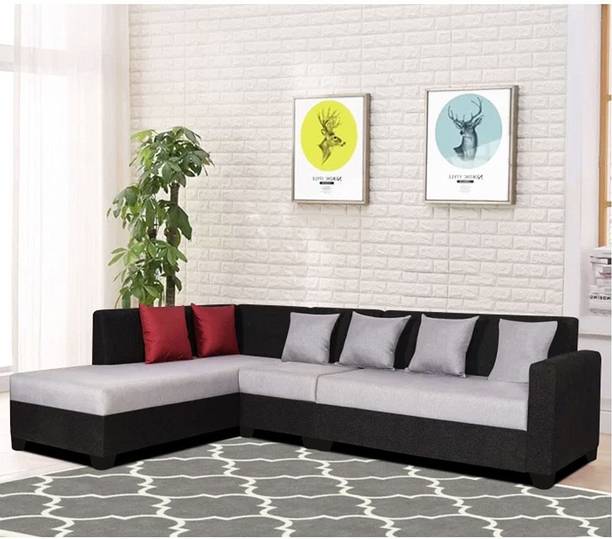 Brickwud Cassol 6 Fabric LHS L Shape Sofa Set (Light Grey-Black) Fabric 6 Seater Sofa