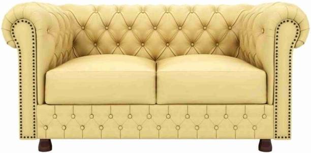 India wood mart Wooden Chesterfield Modern Sofa with Deep Seat and Tufted Mattress Cream Half-leather 2 Seater  Sofa