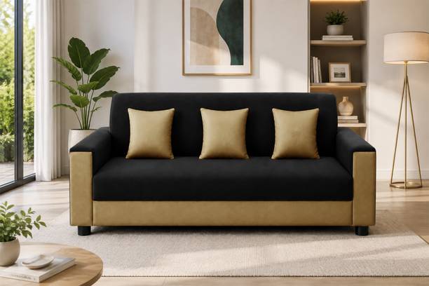 Dr Smith Living Room Sofa with 3 Cushions | Black & Beige Fabric 3 Seater Sofa