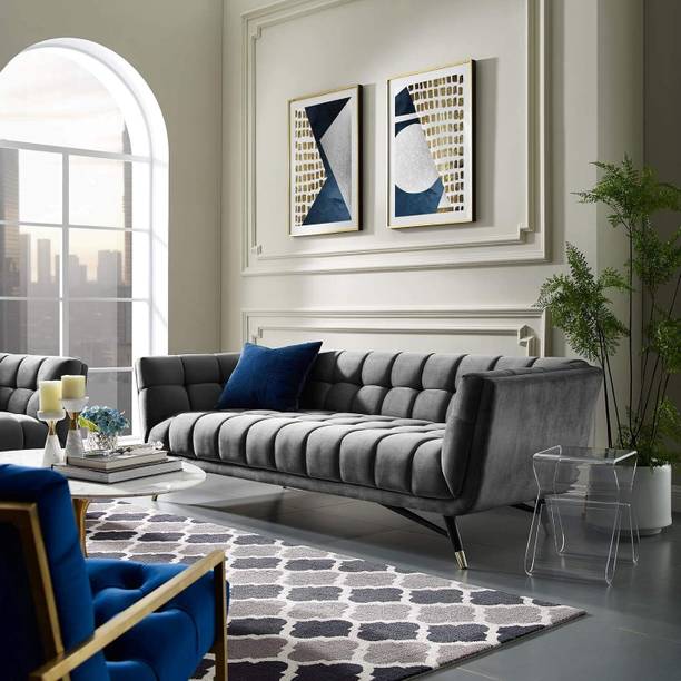 India wood mart Modern Velvet Fabric Upholstered Tufted Sofa Leather 3 Seater Sofa Leather 3 Seater  Sofa