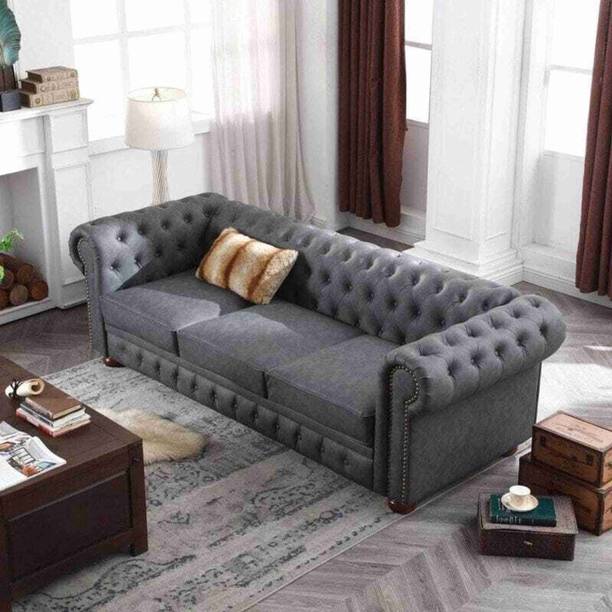 India wood mart Wood Chesterfield leatherette sofa wood-framed modern tufted deep seats Grey Half-leather 3 Seater  Sofa