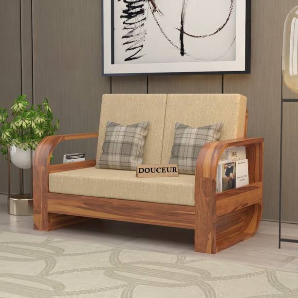 Douceur Furnitures Solid Sheesham Wood Two Seater Sofa With Flat Cushion For Living Room, Office Fabric 2 Seater  Sofa