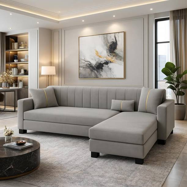 FURNY Almeria 4 Seater RHS L Shape Sofa Set| Soft Velvet Suede Fabric| Modern Design Fabric 4 Seater  Sofa