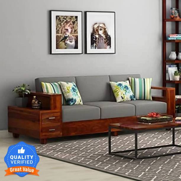 Douceur Furnitures Solid Sheesham Wood 3 Seater With Storage Sofa For Living, Waiting Room / Office Fabric 3 Seater  Sofa