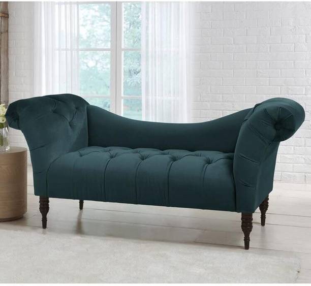 India wood mart Chesterfield Tufted Couch Chaise Lounge Soft Fabric Wooden Legs Green Fabric 2 Seater  Sofa