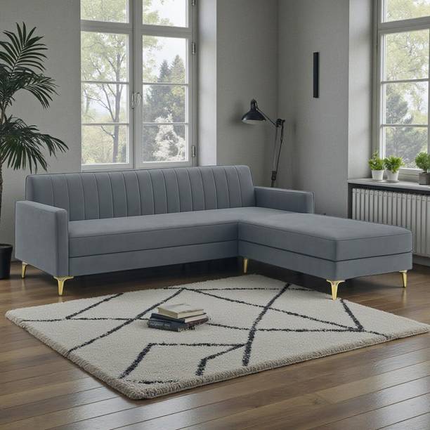 FURNY Morello 3 Seater Modular L Shape Sofa Set with Ottoman| Soft Velvet Suede Fabric Fabric 3 Seater  Sofa