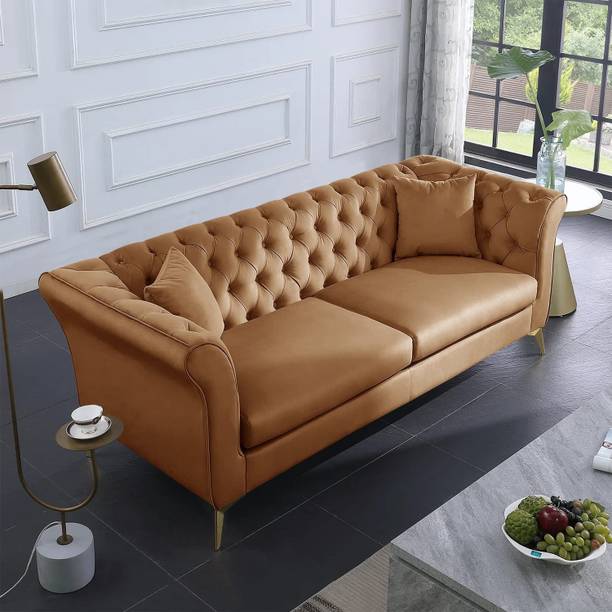 ADORNMART 3 Seater Chesterfield Sofa febrick velvet for Living Room & Office | (brown 2) Fabric 3 Seater  Sofa