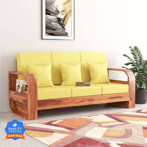 Flipkart Perfect Homes Leaf Armrest Sheesham Wood Three Seater Sofa With Pocket Storage For Living Room Fabric 3 Seater  Sofa