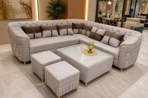 Bharat Furniture 7 Seater Chesterfield L-Shape Sofa Set with Square Glass Table & 2 Puffies Fabric 3 + 3 + 1 Sofa Set