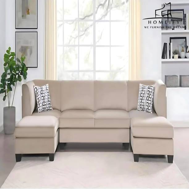 Homeify Adyna Velvet L Shaped Corner Sectional with Ottoman Fabric 3 + 2 Sofa Set