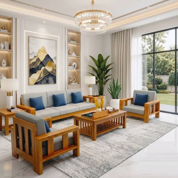 WhiteBeard Sheesham Solid Wood 5 Seater Sofa Set with Center Table Fabric 3 + 1 + 1 Sofa Set