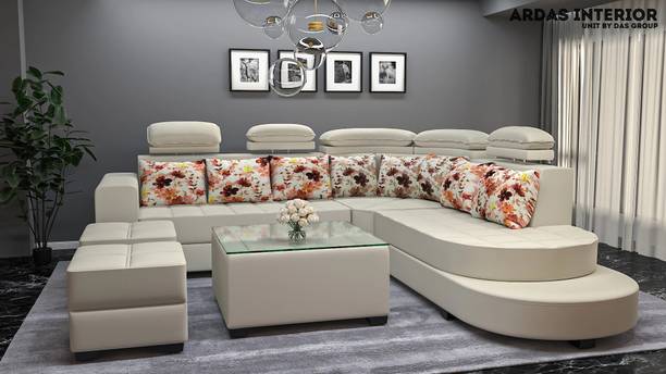 ardasinterior CHANNEL SOFA L CORNER+CENTRE TABLE+ 2PUFFY Leatherette 3 + 2 + 1 + 1 Sofa Set