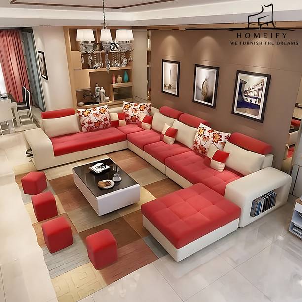 Homeify Carlo 9 Seater Fabric Sofa Set with 4-Puffy Convertible Sofa Set for Living Room Fabric 3 + 3 + 2 + 2 Sofa Set