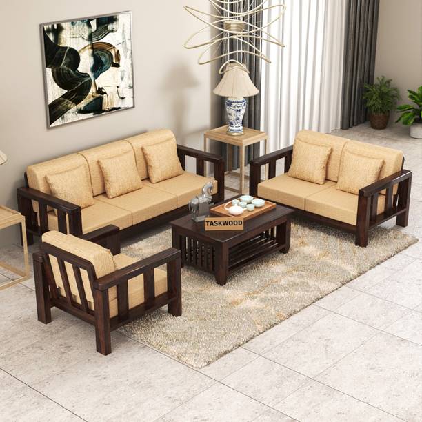 Taskwood Furniture Solid Sheesham Wood Wooden Six Seater Sofa Set For Living Room, Café Fabric 3 + 2 + 1 Sofa Set