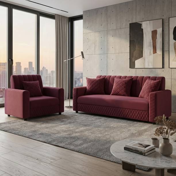 WAKESURE Premium Quality Velvet Fabric 3 + 1 Sofa Set