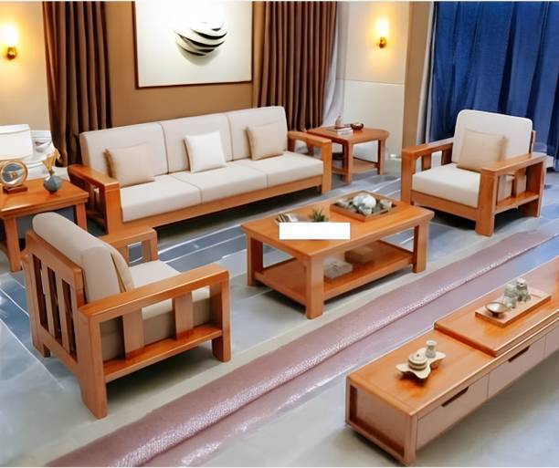 DECORWOOD Solid Sheesham Wood Five Seater Sofa Set For Living Room, Hotel Office. Fabric 3 + 1 + 1 Sofa Set