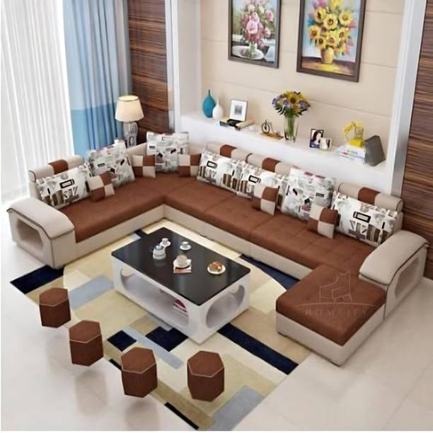 Homeify Carlo 9 Seater L-Shaped Sectional Sofa with Ottoman for Living Room Fabric 3 + 3 + 2 + 2 Sofa Set