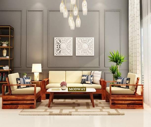 mp enterprises Sheesham Wood Sofa Set for Living Room Fabric 3 + 1 + 1 Sofa Set