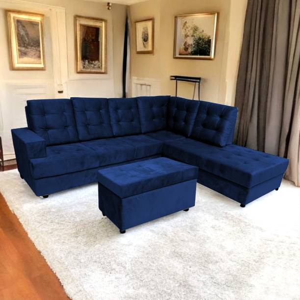 Starlet Farnitre Velvet L-Shape 7 Seaters Sofa Set for Living Room Fabric 3 + 2 + 1 + 1 Sofa Set