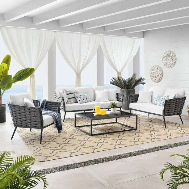 BRISHI Rattan 6 Seater Outdoor/Balcony Sofa Set/Sofa Set with Cushion and Center Table Fabric 3 + 2 + 1 Sofa Set