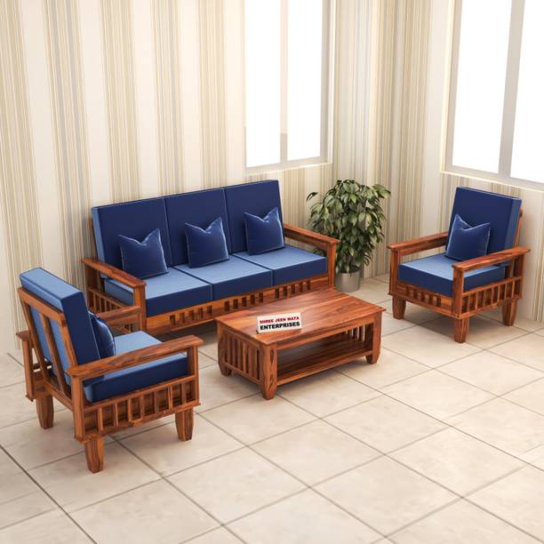 Shree Jeen Mata Enterprises KUBER Design Sheesham Wood Five Seater Sofa Set With 'DERBY' Fabric Cushion | Fabric 3 + 1 + 1 Sofa Set