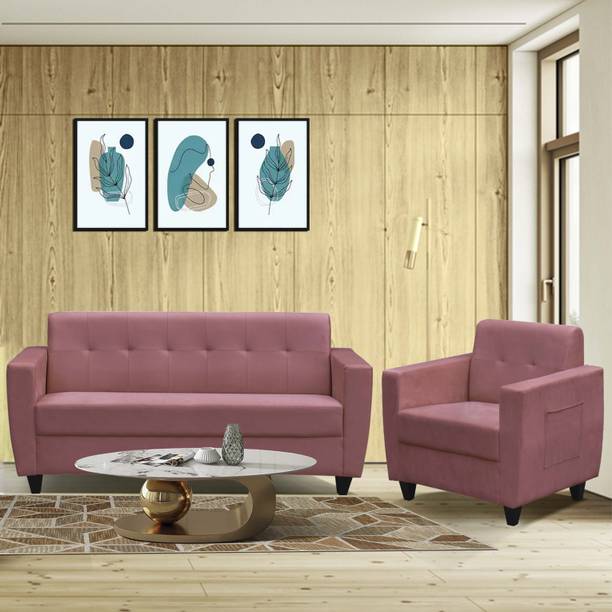 ARRA Remo Velvet Fabric Tufted Back 4 Seater Sofa Pink Color Fabric 3 + 1 Sofa Set