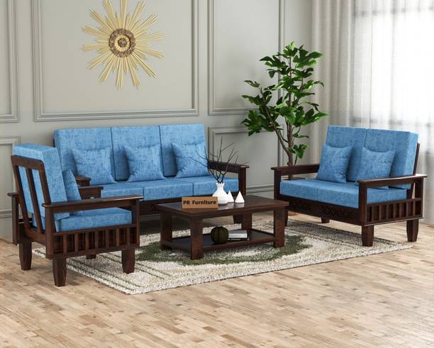 PR FURNITURE Solid Wood Six Seater Sofa Set With CNC Flower Style For Living Room, Café. Fabric 3 + 2 + 1 Sofa Set