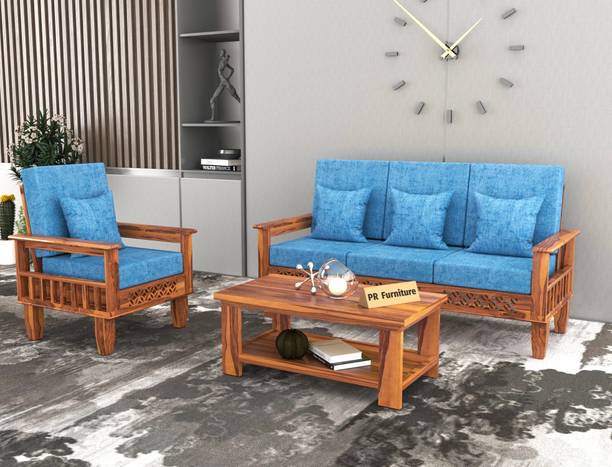 PR FURNITURE Solid Wood Four Seater Sofa Set With CNC Flower Style For Living Room, Café. Fabric 3 + 1 Sofa Set