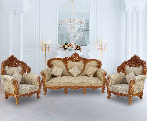 W.S.HANDICRAFTS Teak Wood Sofa Set for Living Room, Bedroom & Office Dinning Room 3 Seater Sofa Fabric 3 + 1 + 1 Sofa Set