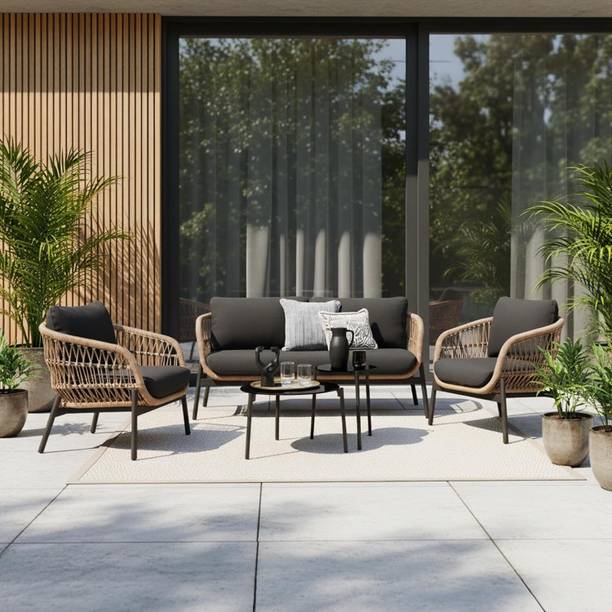 DEVOKO Outdoor 4 Seater Rope Sofa Conversation Set with Cushions & 2 Glass Round Table Fabric 2 + 1 + 1 Sofa Set