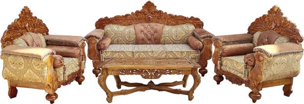 W.S.HANDICRAFTS Royal Wooden Sofa Set 5 Seater with Center Table (Honey Finish,Pre-assembled) Fabric 3 + 1 + 1 Sofa Set