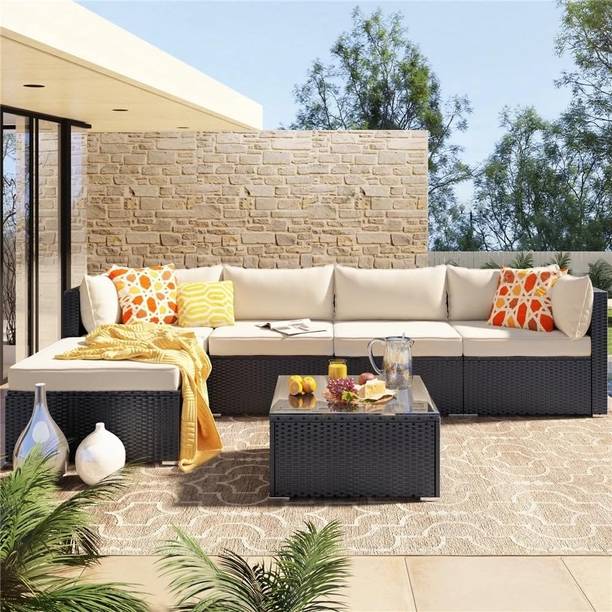 SE FURNITURE Indoor/Outdoor Sectional Sofa Set with Ottoman and Glass Coffee Table |4-Seater Solid Wood 3 + 1 + 1 Sofa Set