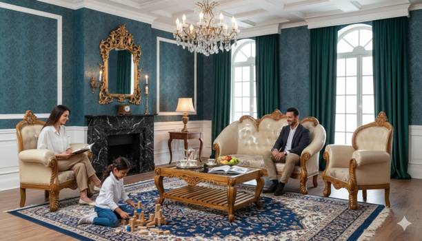 MAM ENTERPRISE Solid Teakwood 5 Seater Sofa Set, 3+1+1 Sofa Set with Center Table Without Glass Fabric 3 + 1 + 1 Sofa Set