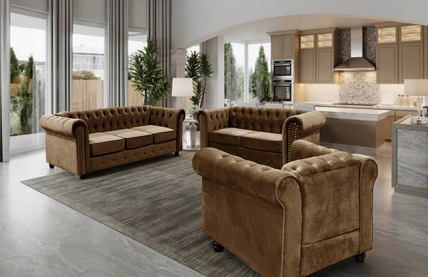 Flipkart Perfect Homes Velvet Tuffted Round Arm Designed Sofa Set Solid Wood 3 + 2 + 1 Sofa Set