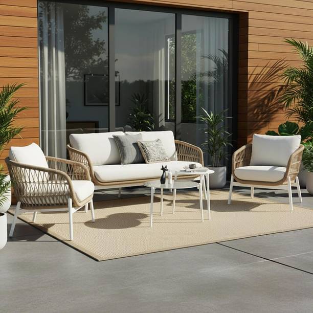 DEVOKO Outdoor 4 Seater Rope Sofa Conversation Set with Cushions & 2 Glass Round Table Fabric 2 + 1 + 1 Sofa Set