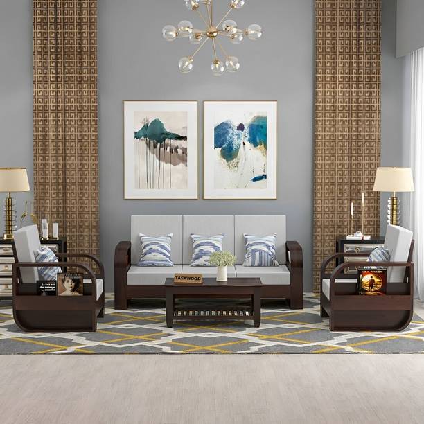 Taskwood Furniture Solid Sheesham Wood Five Seater Sofa Set For Living Room, Office, Café | Fabric 3 + 1 + 1 Sofa Set