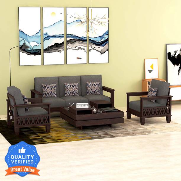 Taskwood Furniture Solid Wood Sheesham Wood Five Seater Sofa Set (3+1+1) For Living Room| Fabric 3 + 1 + 1 Sofa Set