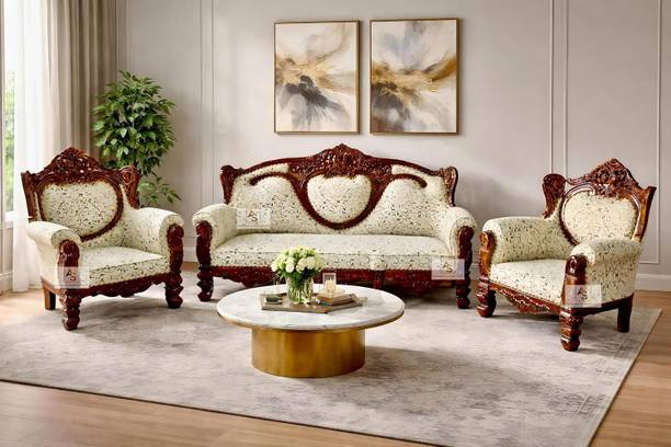 AS Wooden Handicraft Royal Carved Maharaja Carving | Victorian Style Furniture Living Room 3-Piece Solid Wood 3 + 1 + 1 Sofa Set