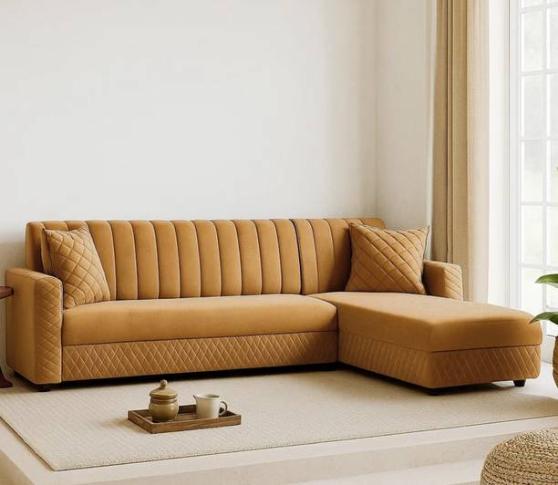WAKESURE Premium Quality L Shape RHS 6 Seater Velvet Fabric 3 + 2 + 1 Sofa Set