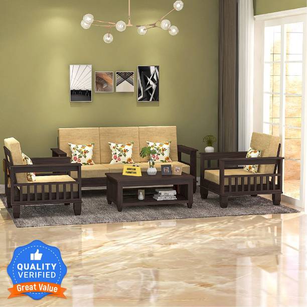 Douceur Furnitures Solid Sheesham Wood With Center Table For Living Room Fabric 3 + 1 + 1 Sofa Set