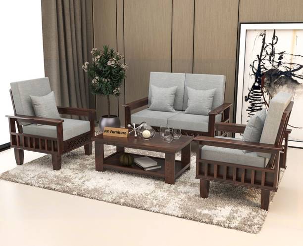 PR FURNITURE Solid Wood Four Seater Sofa Set With CNC Flower Style For Living Room, Café. Fabric 2 + 1 + 1 Sofa Set