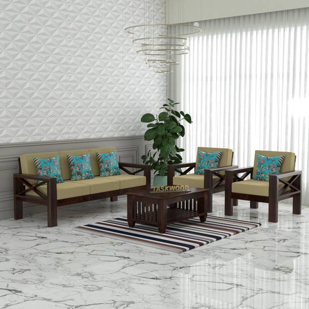 Taskwood Furniture Solid Sheesham Wood Five Seater Sofa Set For Living Room, Café Fabric 3 + 1 + 1 Sofa Set