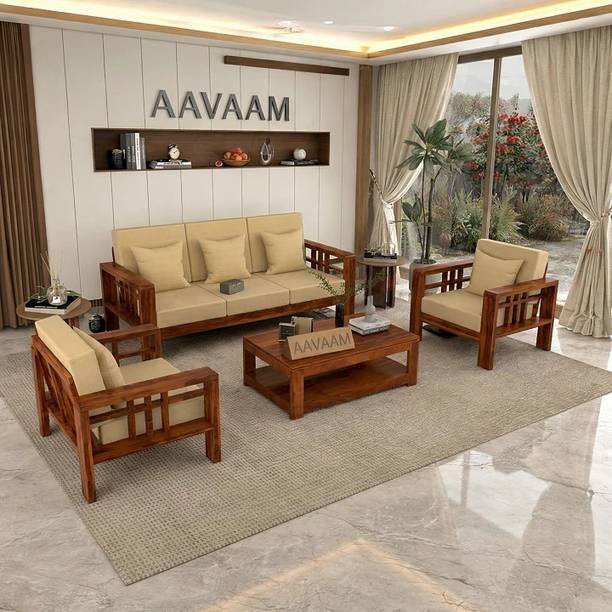 AAVAAM Solid Sheesham Wood Premium Five Seater Sofa Set For Living Room. Fabric 3 + 1 + 1 Sofa Set