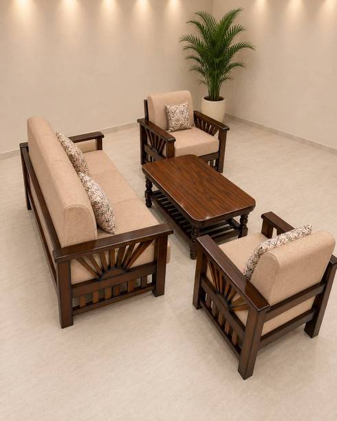Bharat Furniture Solid Sangwan Teak Wood 5 Seater Sofa Set with Center Table Fabric 3 + 1 + 1 Sofa Set
