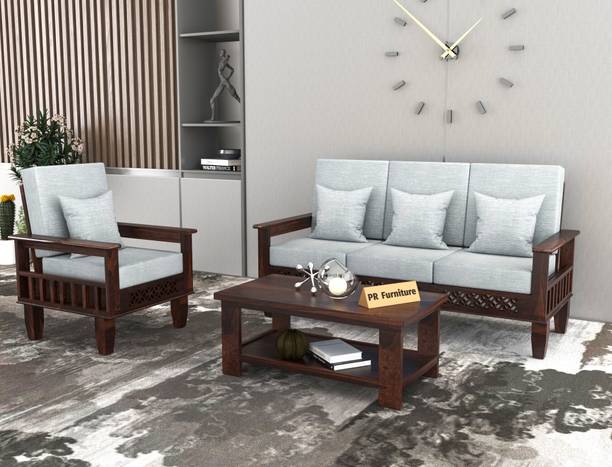 PR FURNITURE Solid Wood Four Seater Sofa Set With CNC Flower Style For Living Room, Café. Fabric 3 + 1 Sofa Set