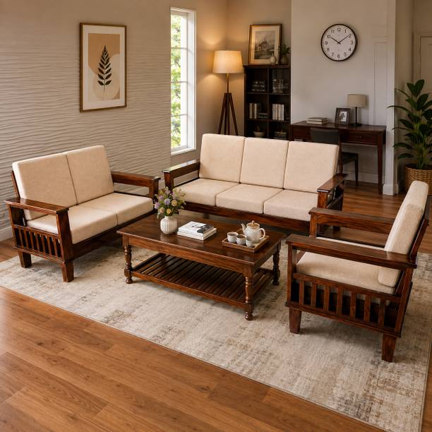 Kendalwood Furniture Solid Wood 6 Seater Wooden Sofa set for living Room Furniture Fabric 3 + 2 + 1 Sofa Set